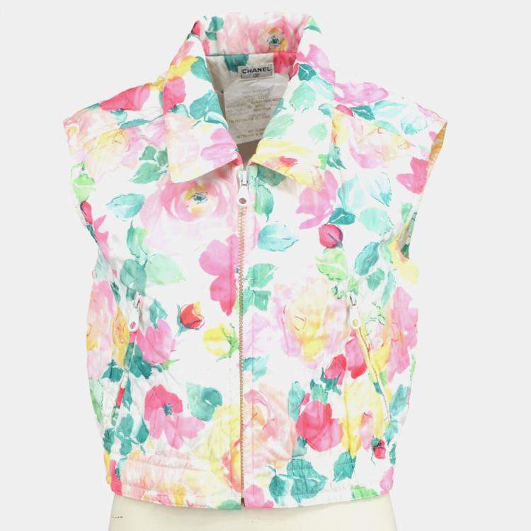 Pre Owned Chanel 03272 Flower Pattern Sleeveless Zip Up Shirt Top White Pink M