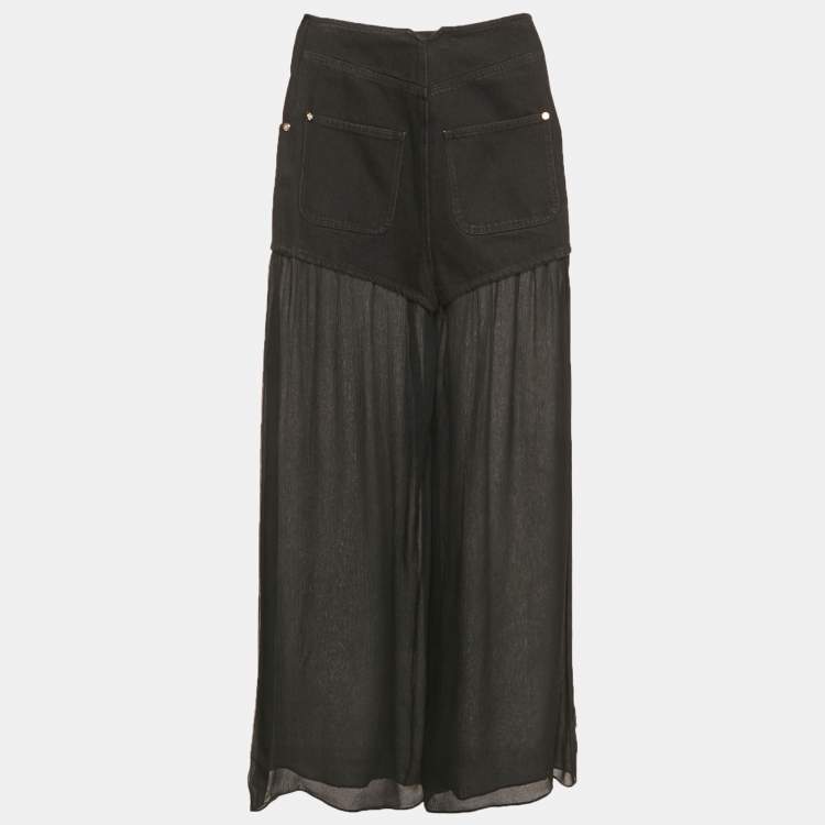 Pre Owned Chanel Black Denim Sheer Overlay Wide Leg Jeans S/Waist 24"