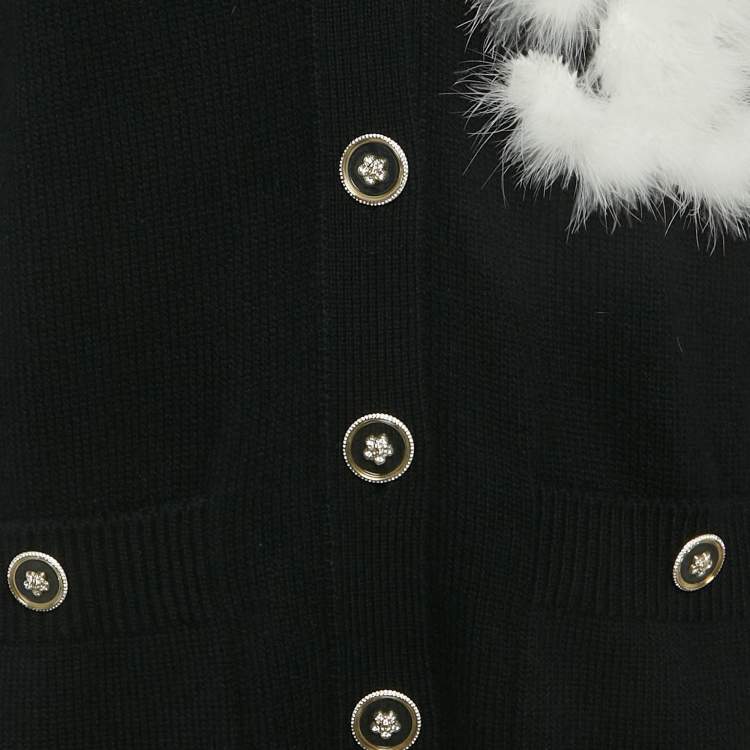 Pre Owned Chanel Black CC Feather Trim Cashmere Cardigan S