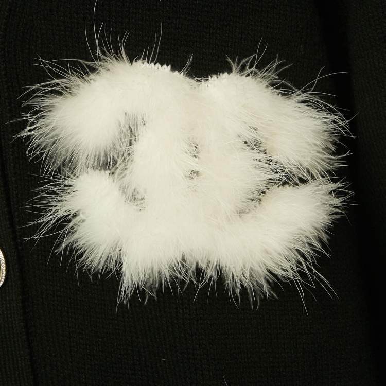 Pre Owned Chanel Black CC Feather Trim Cashmere Cardigan S
