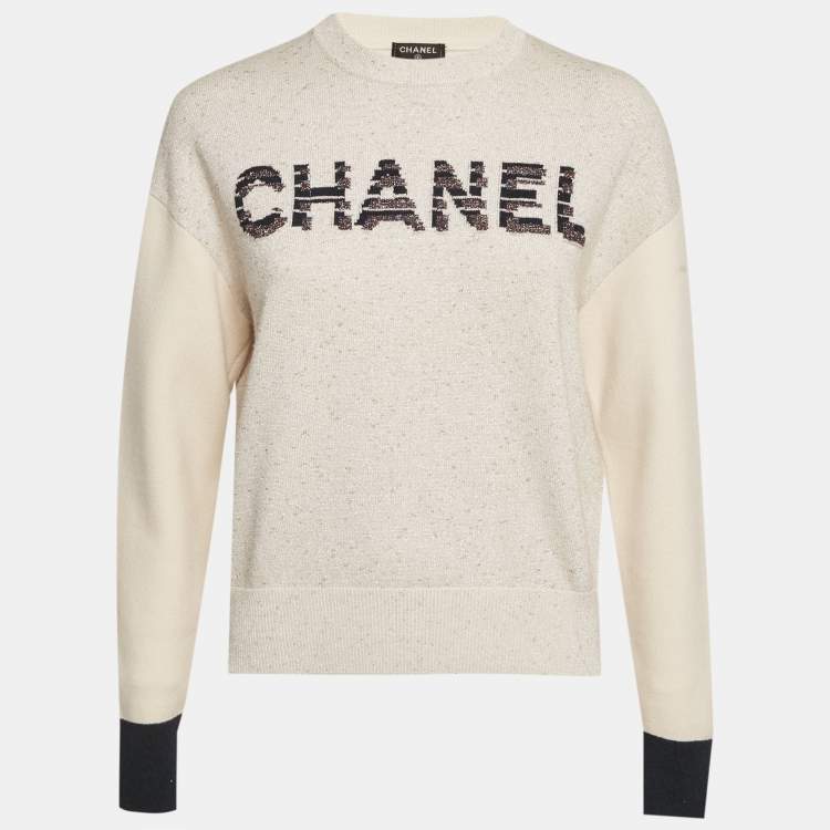 Pre Owned Chanel Beige Logo Intarsia Lurex Knit Sweatshirt S