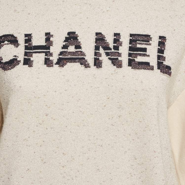 Pre Owned Chanel Beige Logo Intarsia Lurex Knit Sweatshirt S