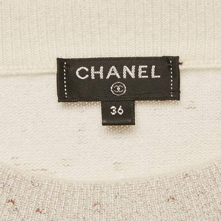 Pre Owned Chanel Beige Logo Intarsia Lurex Knit Sweatshirt S