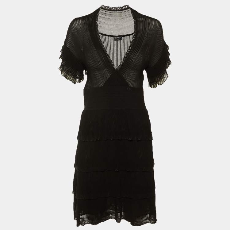 Pre Owned Chanel Black Mesh Tiered Mini Dress M