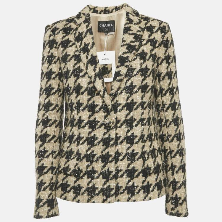 Pre Owned Chanel Beige/Black Lurex Houndstooth Jacket M
