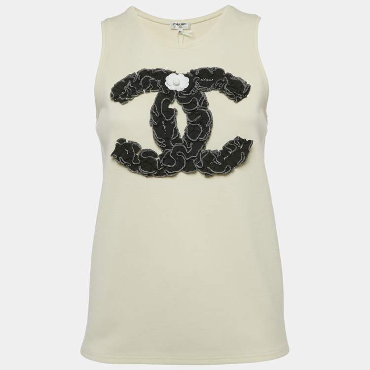 Pre Owned Chanel Cream CC Ruffled Jersey Tank Top M
