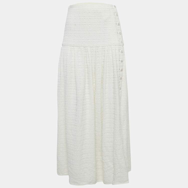 Pre Owned Chanel White Tweed Button Detail Maxi Skirt M