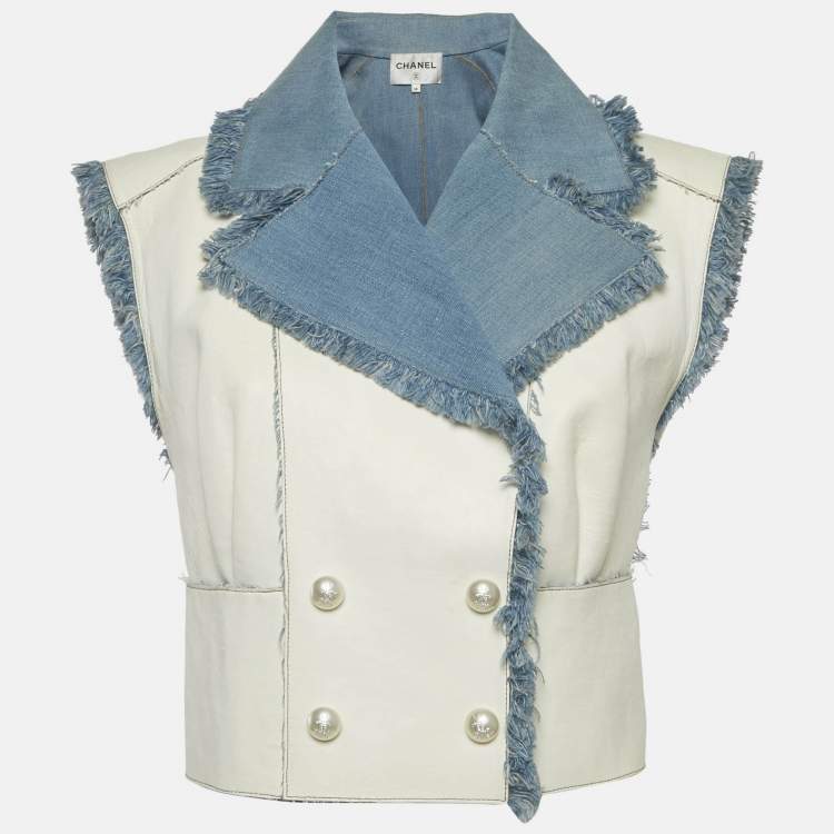 Pre Owned Chanel White/Blue Leather and Denim Double Breasted Vest M