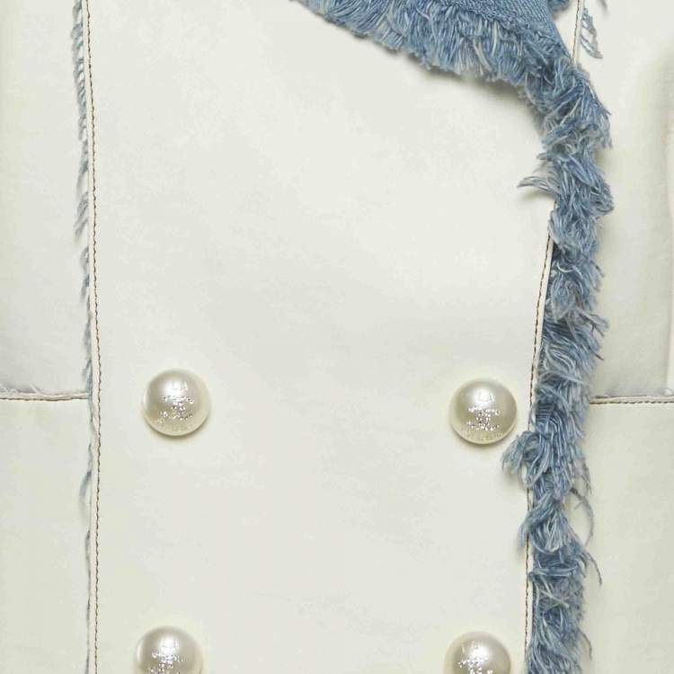 Pre Owned Chanel White/Blue Leather and Denim Double Breasted Vest M