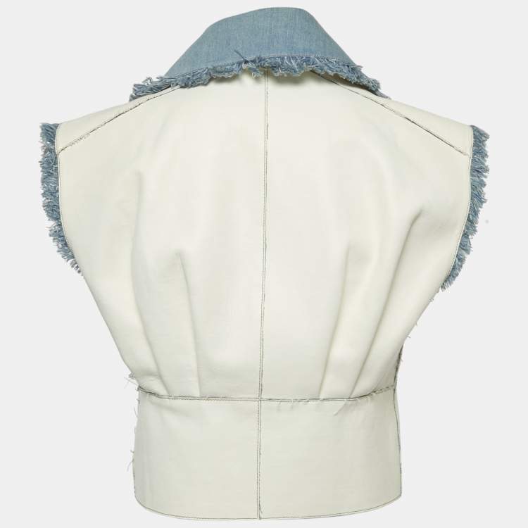 Pre Owned Chanel White/Blue Leather and Denim Double Breasted Vest M