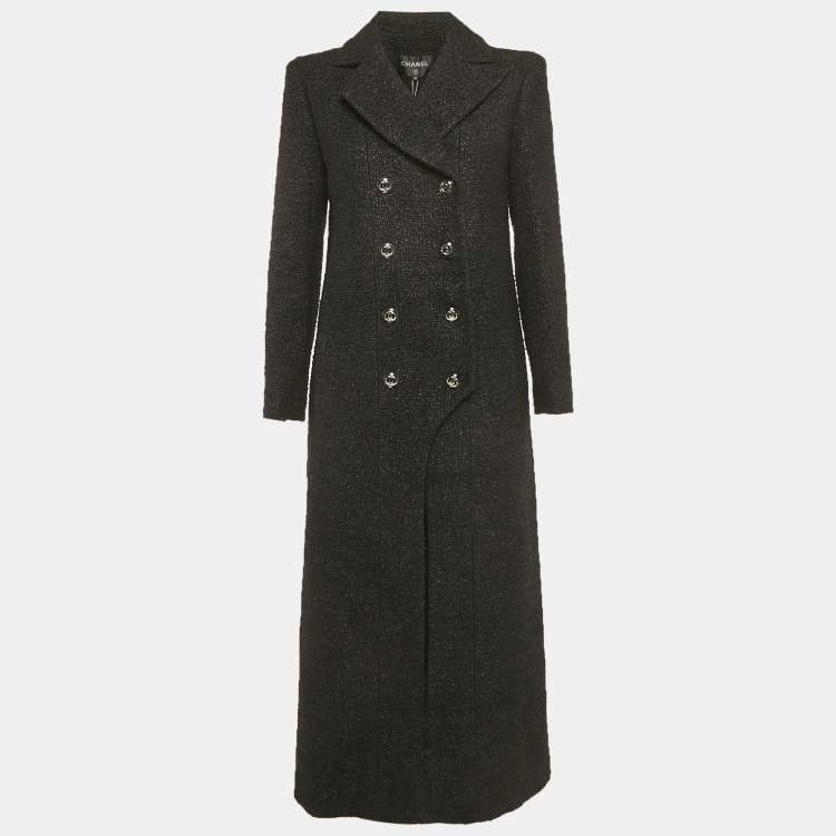 Pre Owned Chanel Black Tweed Double Breasted Coat M