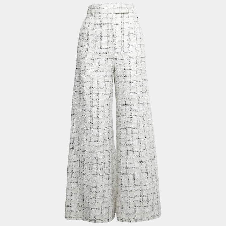 Pre Owned Chanel White Checkered Tweed Trousers S