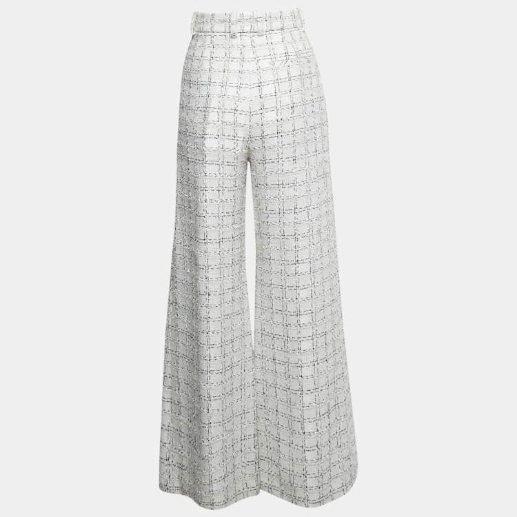 Pre Owned Chanel White Checkered Tweed Trousers S