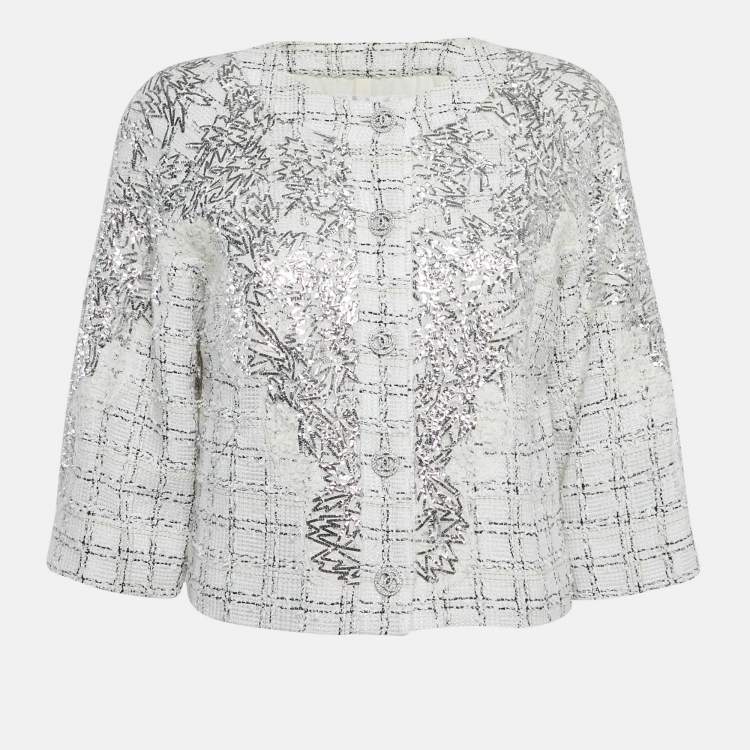 مملوكة مسبقًا Chanel White Metallic Tweed Button Detail Jacket S