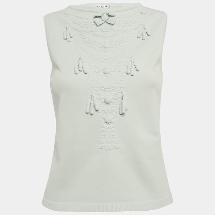 Pre Owned Chanel Blue Stretch Knit Tassel Detail Sleeveless Top M