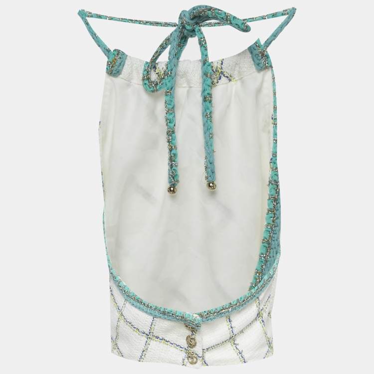 Pre Owned Chanel White/Blue Checks Tweed Halter Neck Crop Top M