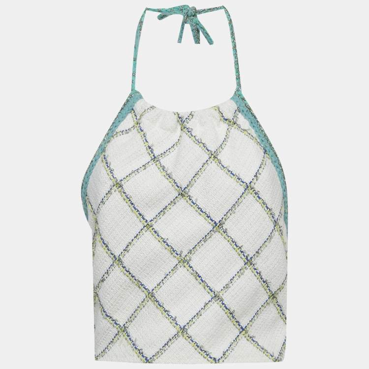 Pre Owned Chanel White/Blue Checks Tweed Halter Neck Crop Top M