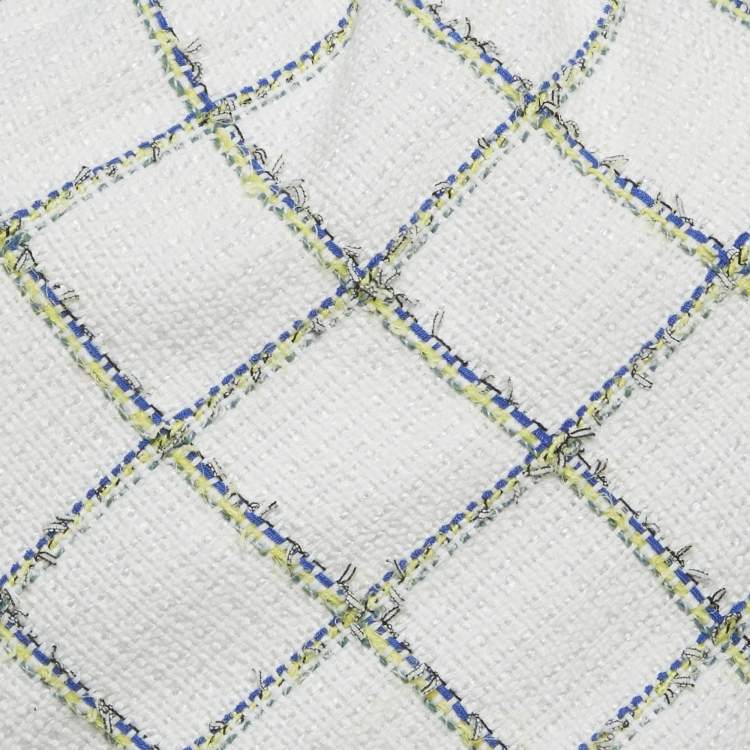 Pre Owned Chanel White/Blue Checks Tweed Halter Neck Crop Top M