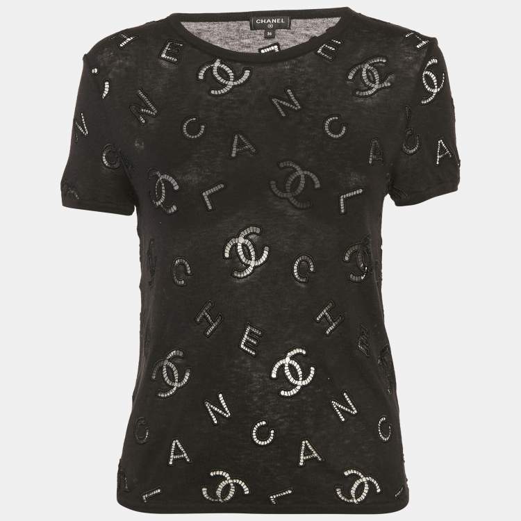 Pre Owned Chanel Black CC Logo Embroidered Eyelet Cotton Blend Short Sleeve T-Shirt S