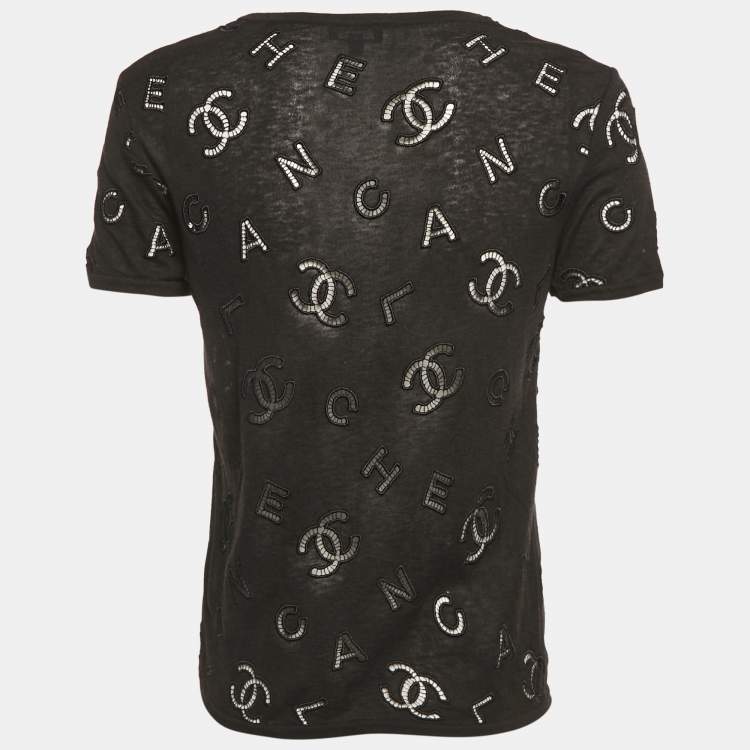 Pre Owned Chanel Black CC Logo Embroidered Eyelet Cotton Blend Short Sleeve T-Shirt S