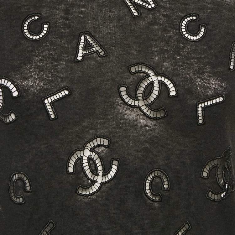 Pre Owned Chanel Black CC Logo Embroidered Eyelet Cotton Blend Short Sleeve T-Shirt S