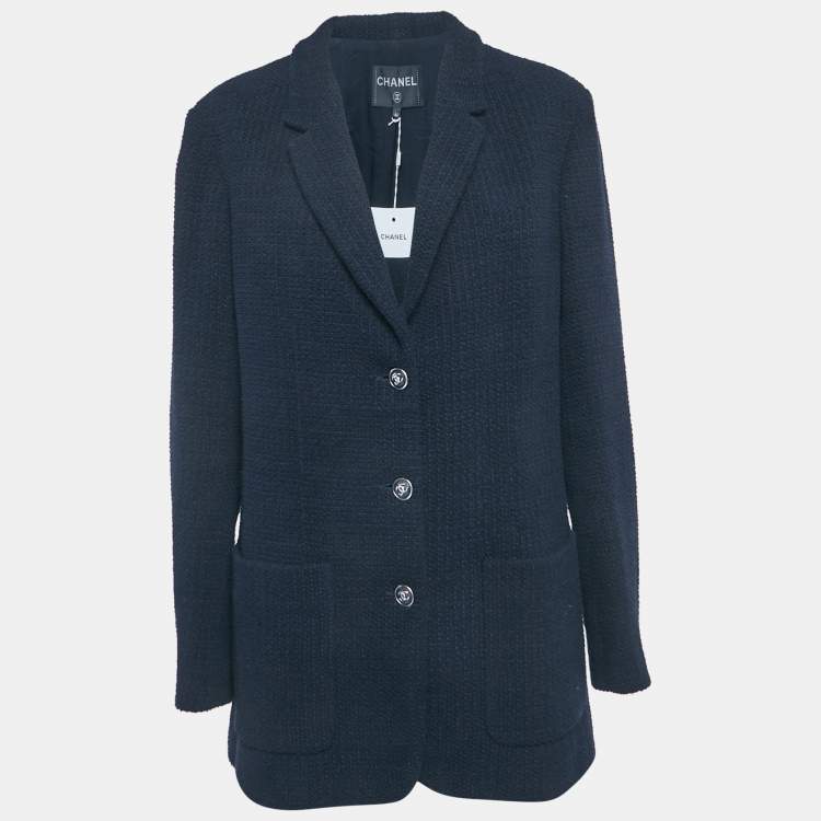 Pre Owned Chanel Navy Blue Tweed Button Detail Jacket XL