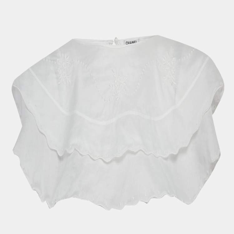 Pre Owned Chanel White Embroidered Cotton Collar M