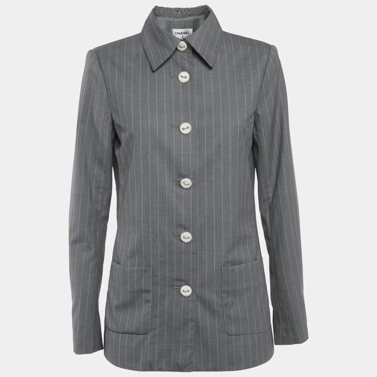مملوكة مسبقًا Chanel Grey Striped Wool Jacket M