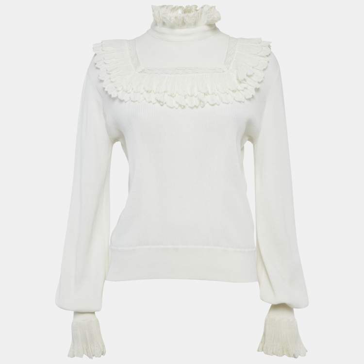 Pre Owned Chanel Cream Knit Frill Detail Jumper M