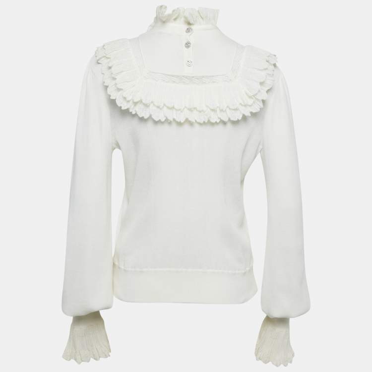 Pre Owned Chanel Cream Knit Frill Detail Jumper M