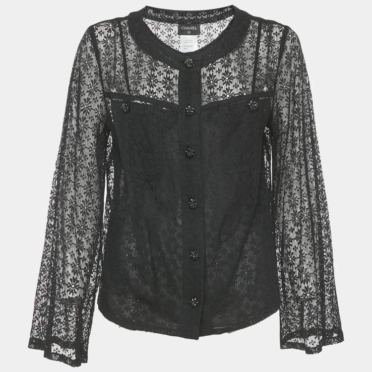 Pre Owned Chanel Black Floral Lace Detail Top L