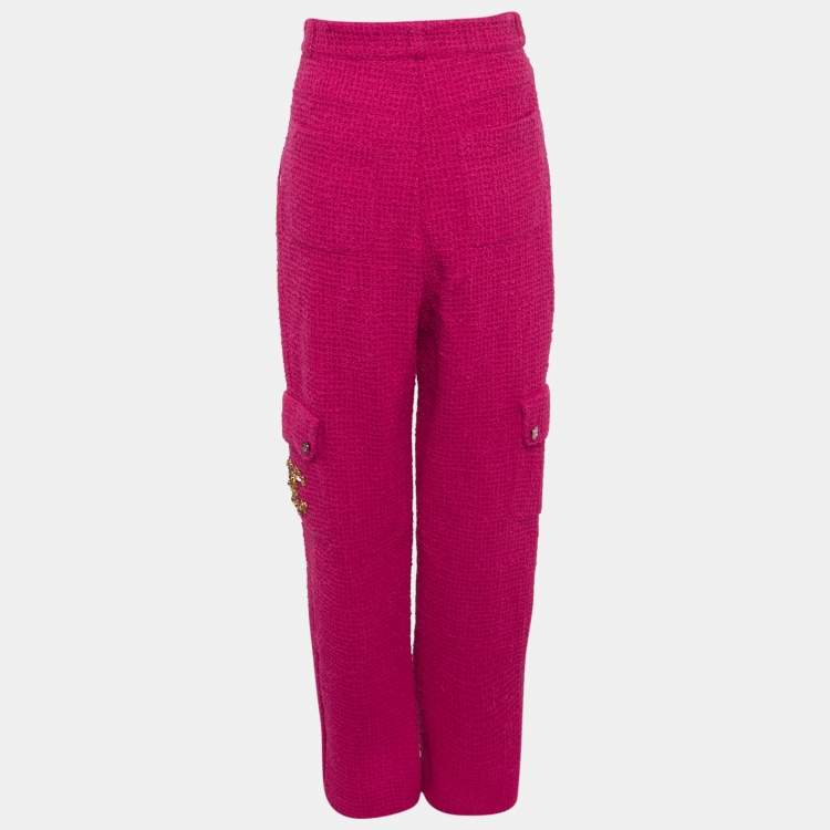 Pre Owned Chanel Pink Tweed Patch Pockets Detail Wide Leg Pants S