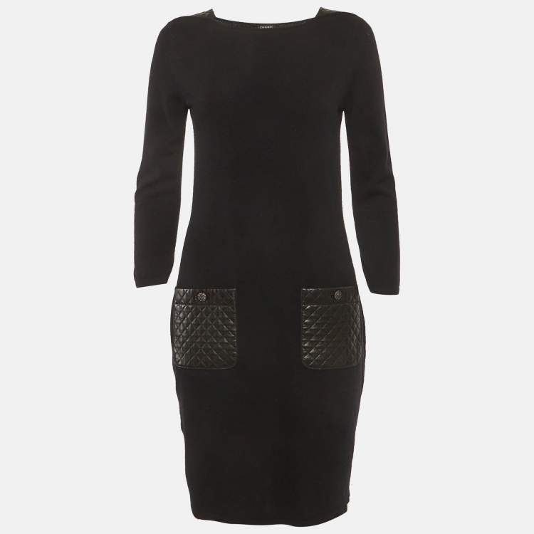 مملوكة مسبقًا Chanel Black Leather Trim Cashmere Mini Dress M