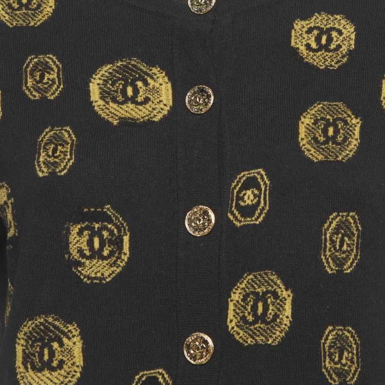 Pre Owned Chanel Black Coin Intarsia Cashmere Button Front Cardigan M