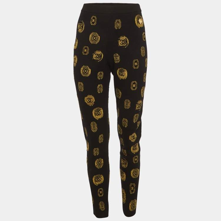 Pre Owned Chanel Black Coin Intarsia Knit Cashmere Pants M