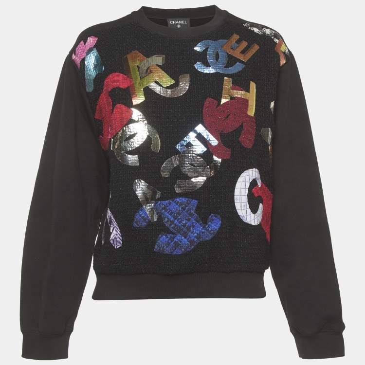 Pre Owned Chanel Black Jersey Multicolor CC Logo Detail Sweatshirt M