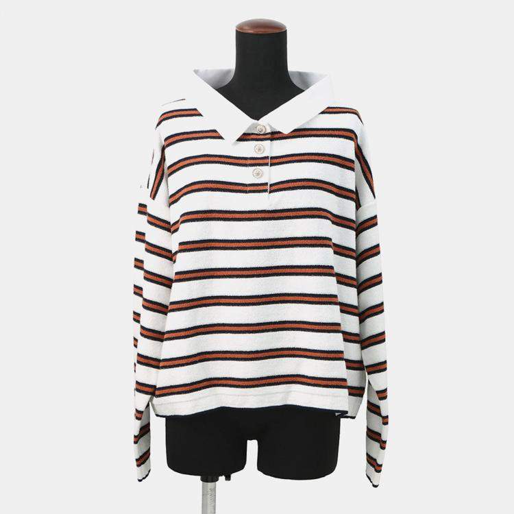 Pre Owned Chanel Pullover Polo Shirt Size 40 White/Navy/Brown Cotton 87% Viscose 8% Polyamide 4% Polyurethane 1%