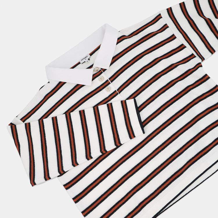 Pre Owned Chanel Pullover Polo Shirt Size 40 White/Navy/Brown Cotton 87% Viscose 8% Polyamide 4% Polyurethane 1%