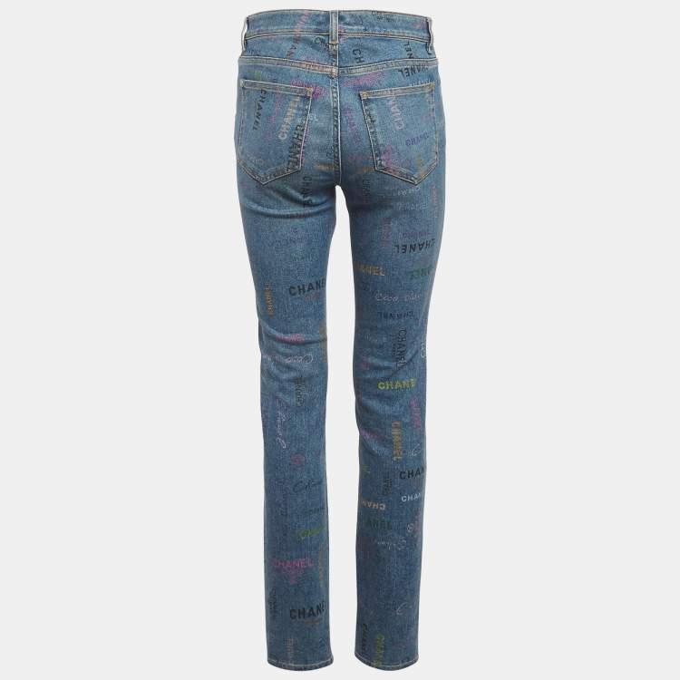Pre Owned Chanel Blue/Multicolour CHANEL Printed Denim 22P Straight Fit Jeans M/Waist 28"