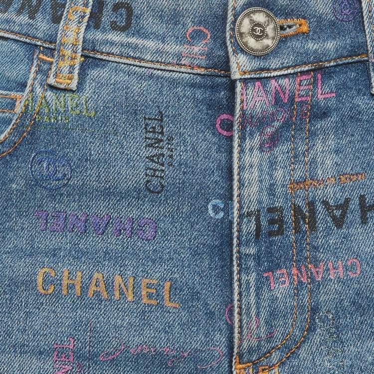 Pre Owned Chanel Blue/Multicolour CHANEL Printed Denim 22P Straight Fit Jeans M/Waist 28"