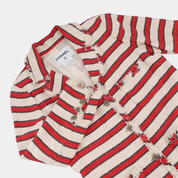 Pre Owned Chanel Striped Tweed Jacket Size 42 Ivory/Red/Brown 