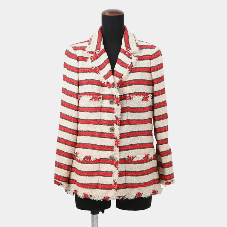 Pre Owned Chanel Striped Tweed Jacket Size 42 Ivory/Red/Brown 