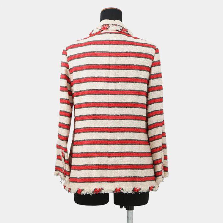Pre Owned Chanel Striped Tweed Jacket Size 42 Ivory/Red/Brown 