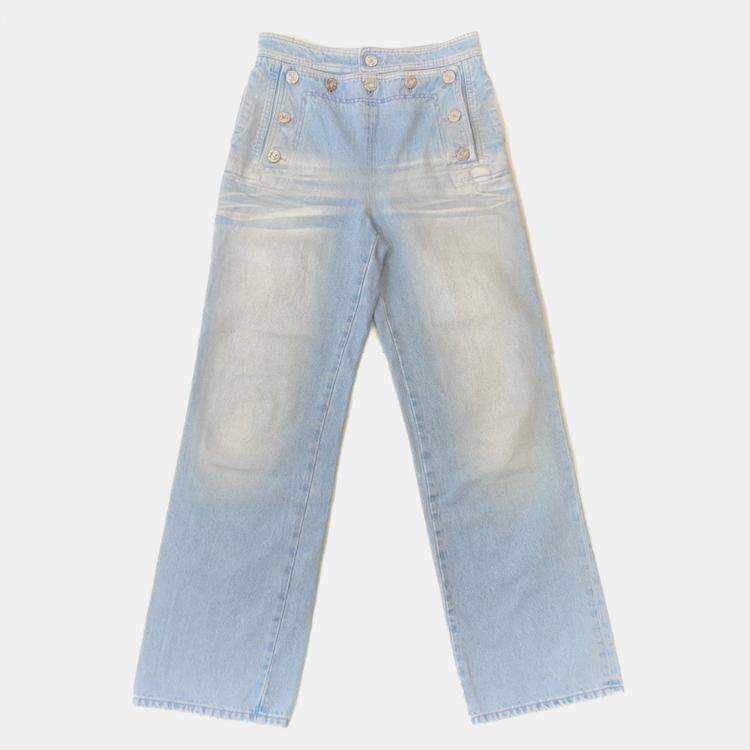 Pre Owned Chanel Coco Button Denim Pants Size 36 Light Blue Cotton100%