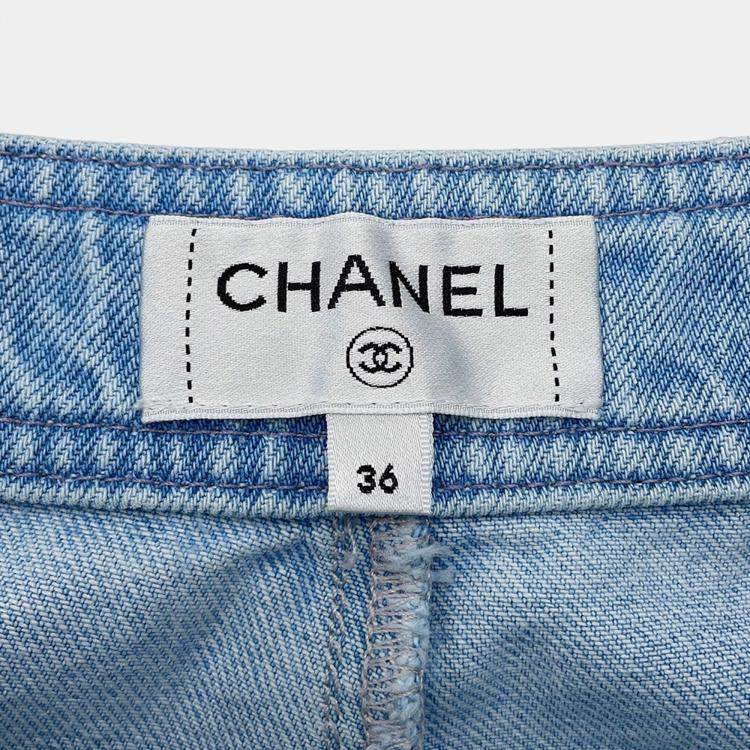 Pre Owned Chanel Coco Button Denim Pants Size 36 Light Blue Cotton100%