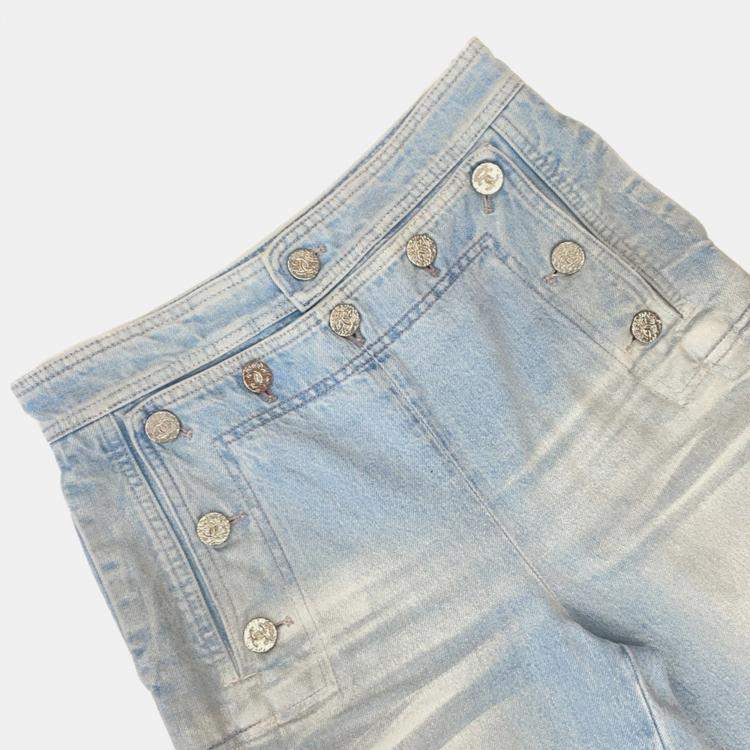 Pre Owned Chanel Coco Button Denim Pants Size 36 Light Blue Cotton100%