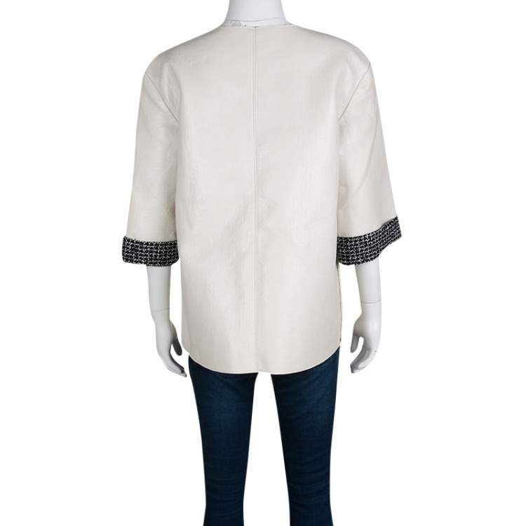 Pre Owned Chanel Off White Lambskin Leather Contrast Lined Pearl Buttoned Jacket M