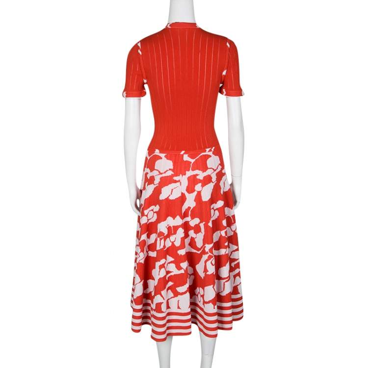 Pre Owned Chanel Orange and White Floral Knit Zip Front Dress M