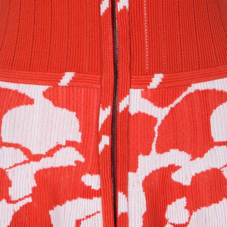 Pre Owned Chanel Orange and White Floral Knit Zip Front Dress M