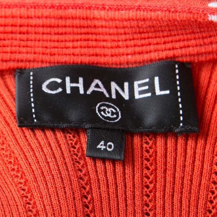 Pre Owned Chanel Orange and White Floral Knit Zip Front Dress M